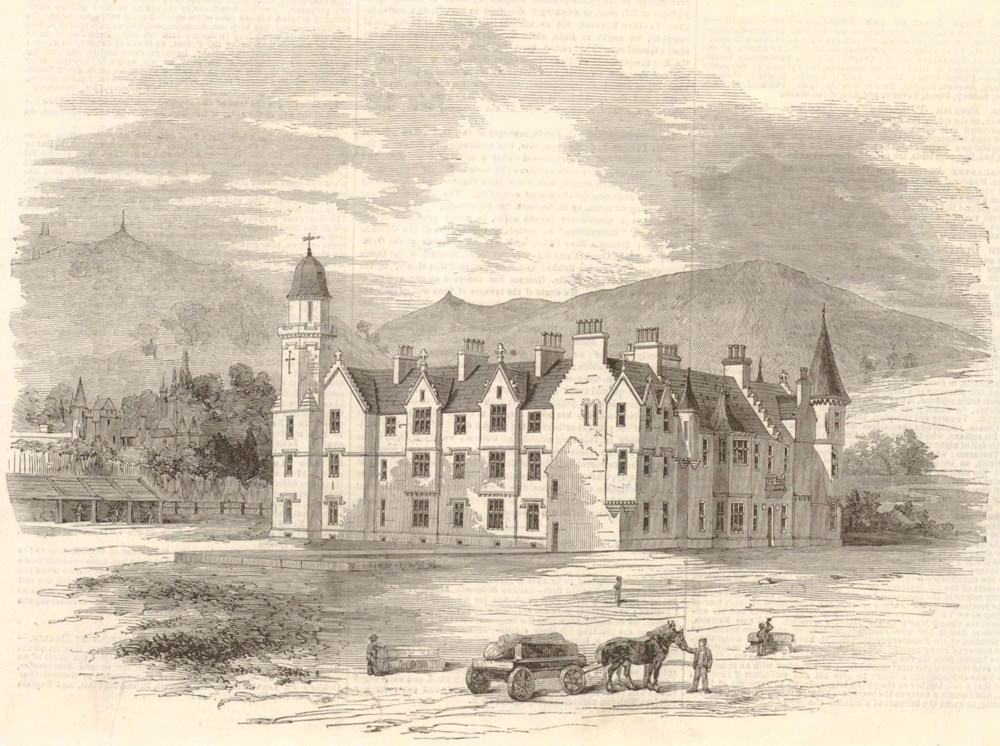Queen Victoria's New Castle of Balmoral. Scotland 1854 old antique print